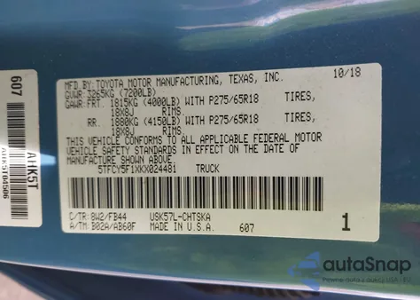 2019 Toyota Tundra Sr5 5.7L V8 z USA, uszkodzony, nr VIN 5TFCY5F1XKX024481